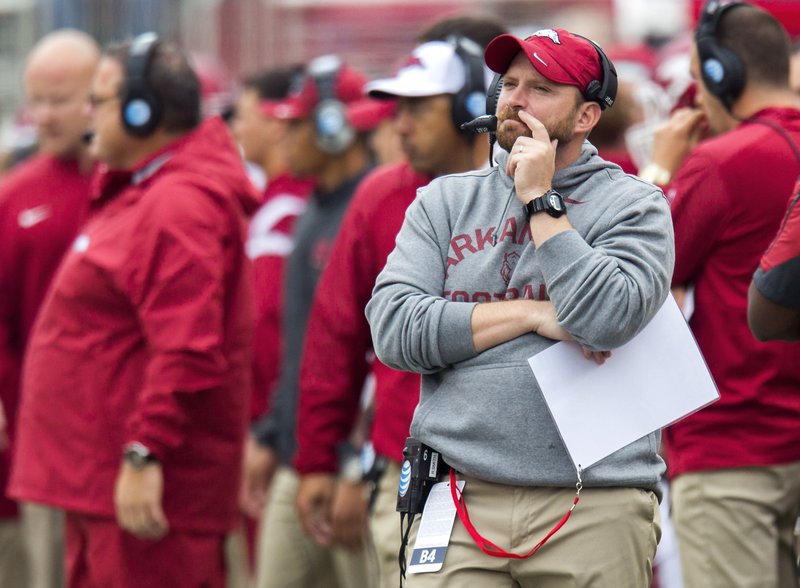 Arkansas defensive coordinator Robb Smith watches during a game against Auburn on Saturday, Oct. 24, 2015, at Razorback Stadium in Fayetteville. 