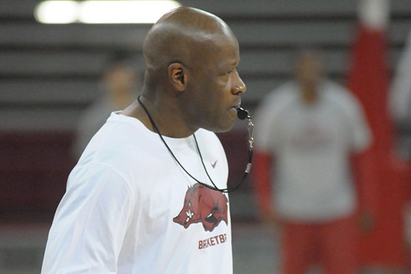 Arkansas coach Mike Anderson watches Saturday, Oct. 24, 2015, during practice in Bud Walton Arena. 