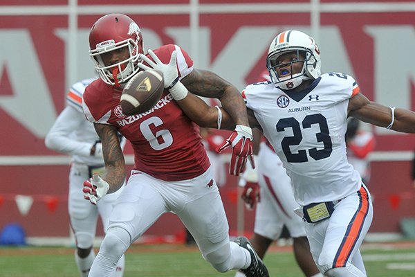 Arkansas receiver Kendrick Edwards attempts to catch a pass during a game against Auburn on Saturday, Oct. 24, 2015, at Razorback Stadium in Fayetteville. 