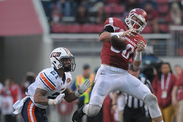 Arkansas receiver Drew Morgan attempts to catch a pass during a game against Tennessee-Martin on Saturday, Oct. 31, 2015, at Razorback Stadium in Fayetteville. 