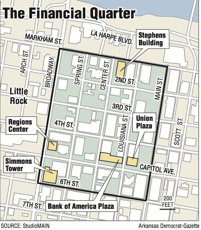 A map showing the Financial Quarter in Little Rock.