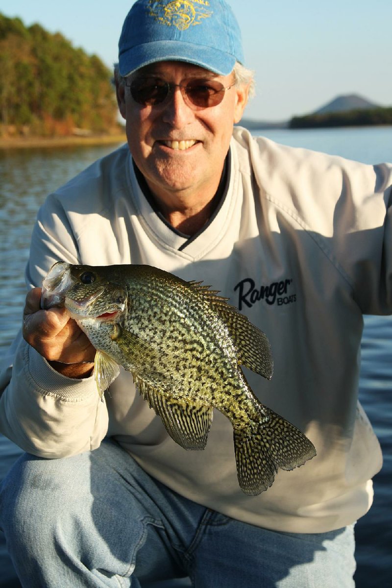 Mark Hedrick admires one of the many crappie he caught last Thursday on Lake Maumelle while fishing with his son Matt and the author. 