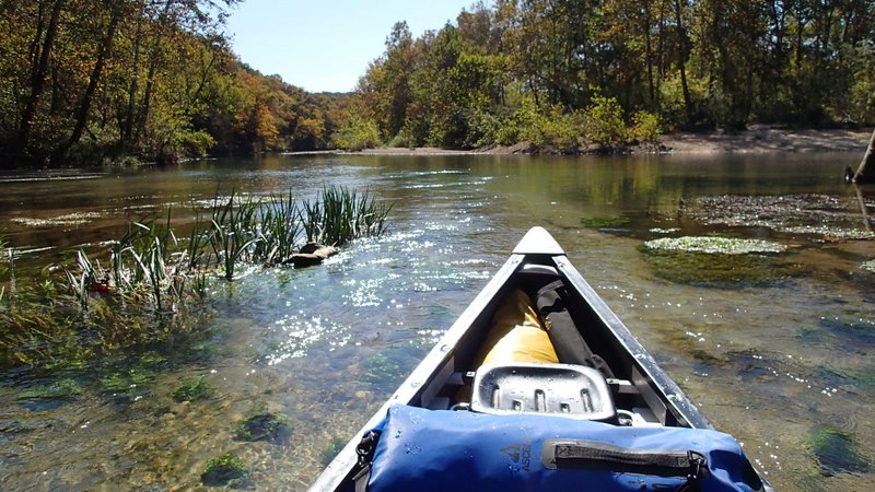 Bryant Creek flows on a scenic, meandering course Oct. 17 through the Ozarks of south-central Missouri. The stream sees little river traffic. Fishing can be good for smallmouth bass and goggle-eye.
