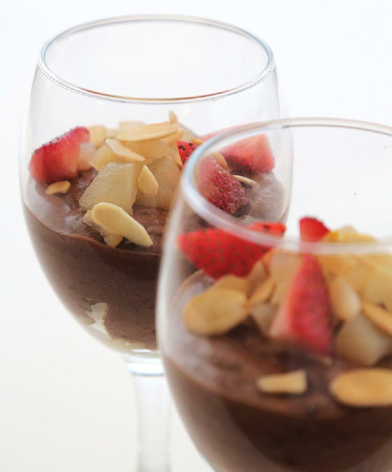Meghan Cantlon’s Aquafaba Chocolate Mousse is garnished with blanched chopped pears, sliced and toasted almonds and chopped strawberries. 