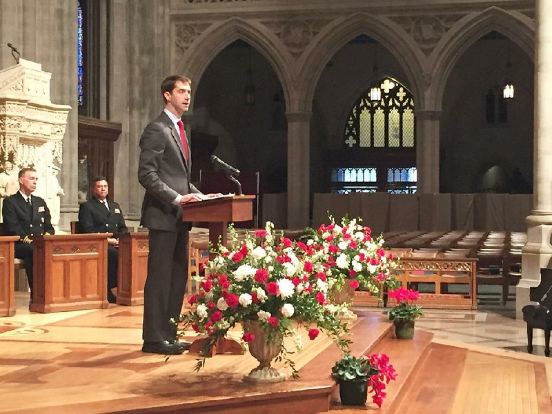 Sen. Tom Cotton, R-Ark., speaks at a prayer breakfast Tuesday at the National Cathedral in Washington. He was the keynote speaker for the Interfaith Prayer Breakfast honoring U.S. veterans. 