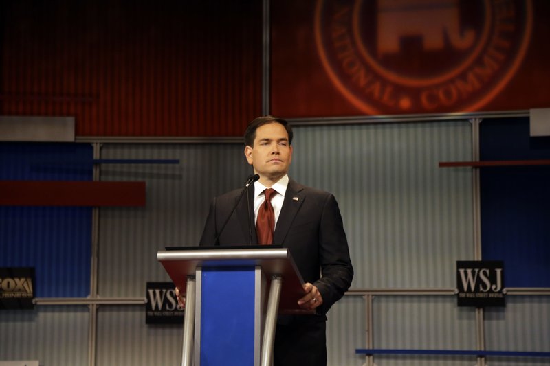 Marco Rubio appears during the Republican presidential debate Tuesday at the Milwaukee Theatre in Milwaukee. 
