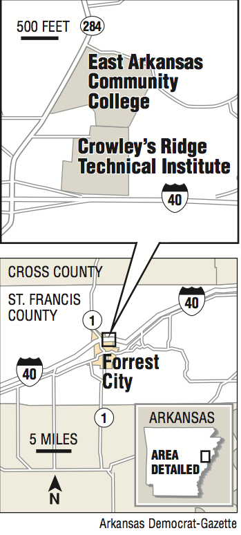 A map showing the location of East Arkansas Community College and Crowley’s Ridge Technical Institute.