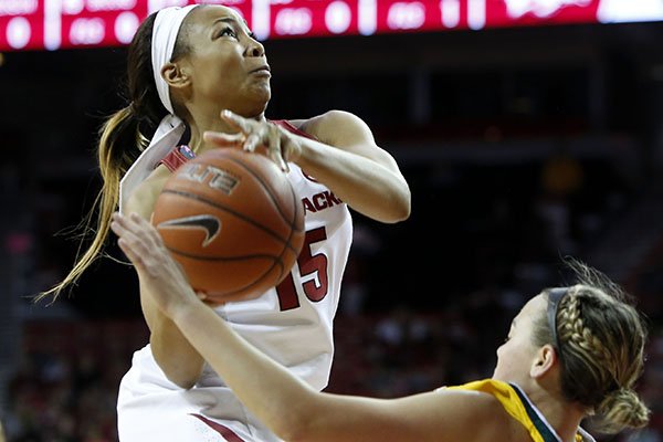 Arkansas guard Kelsey Brooks attempts a shot during a game against Southeastern Louisiana on Friday, Nov. 13, 2015, at Bud Walton Arena in Fayetteville. 