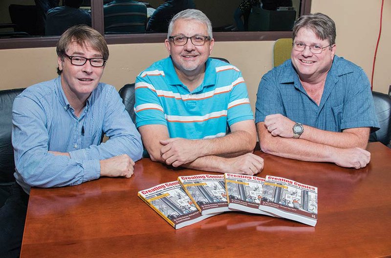 David Stoddard, from left, Randy Duncan and Michael Ray Taylor are co-authors of Creating Comics as Journalism, Memoir and Nonfiction, a textbook the three published as part of their push to integrate comic art and storytelling in non-fiction while teaching students at Henderson State University in Arkadelphia.