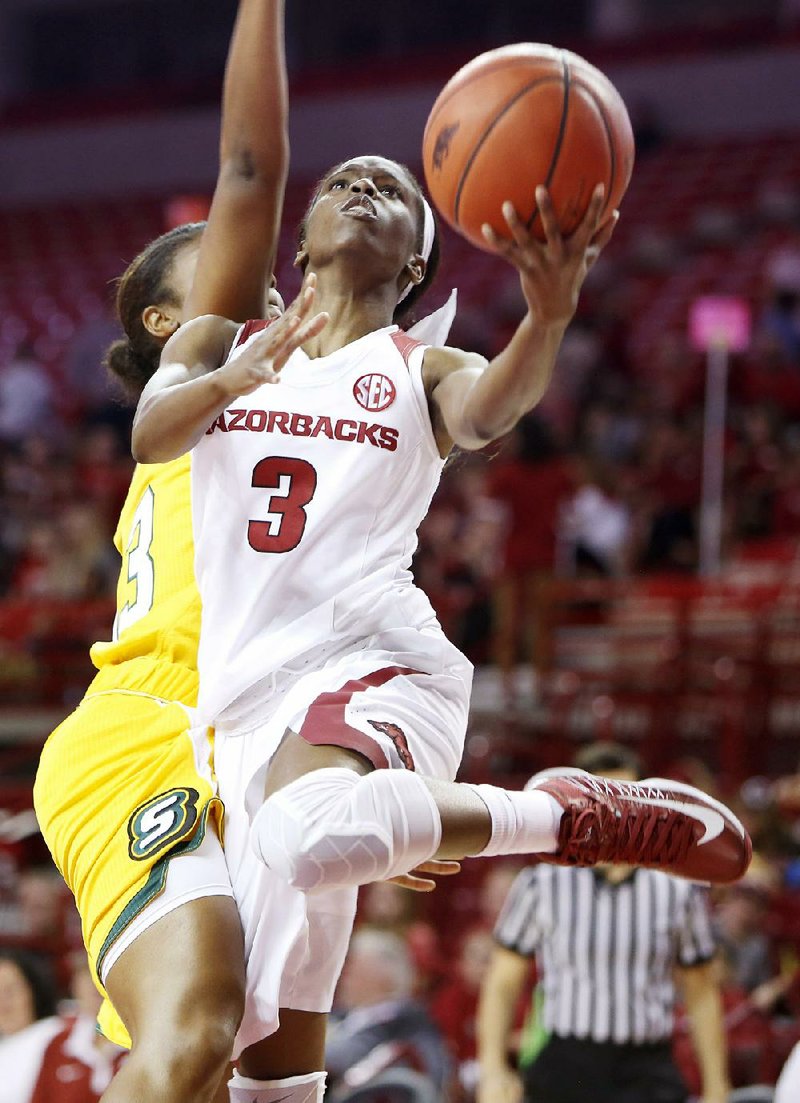 Arkansas Razorbacks freshman guard Malica Monk scored 10 points and had 3 assists in 16 minutes coming off the bench in the Razorbacks’ 97-53 victory over Southeastern Louisiana on Friday morning at Walton Arena in Fayetteville.