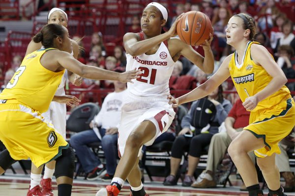 Arkansas' Devin Cosper drives to the basket Friday, Nov. 13, 2015, at Bud Walton Arena during action between the Razorbacks and the Southeastern Louisiana Lions. Students from Northwest Arkansas elementary schools attended the annual Elementary School Day basketball game on the campus. The Razorbacks won 97-53.