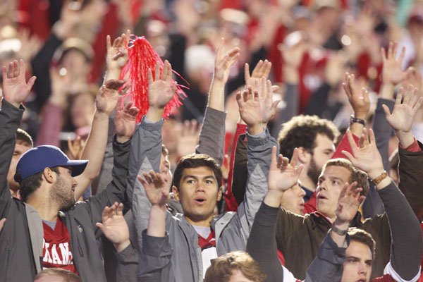 Arkansas fans call the Hogs during the Razorbacks' game against Ole Miss on Saturday, Nov. 7, 2015, in Oxford, Miss.