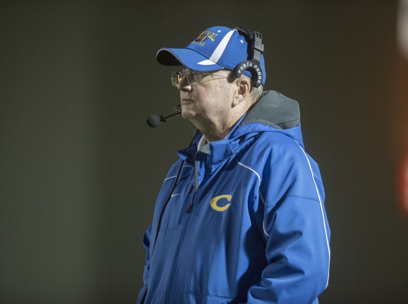 Fred Hartsfield watches from the sidelines Monday as his Springdale Central team defeated Bentonville Gold 16-14 to finish 10-0 on the season. It was the last game for coach Hartsfield, who is retiring after 36 years.