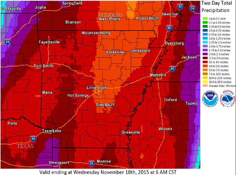 Up to five inches of rain could fall in large areas of Arkansas Monday and Tuesday. 