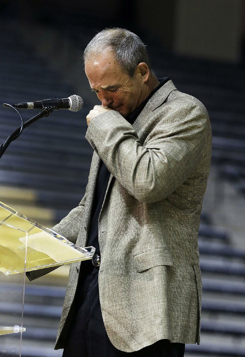 Missouri Coach Gary Pinkel chokes up during his news conference Monday. Pinkel, 63, is resigning at the end of the season after being diagnosed with non-Hodgkins Lymphoma in May.