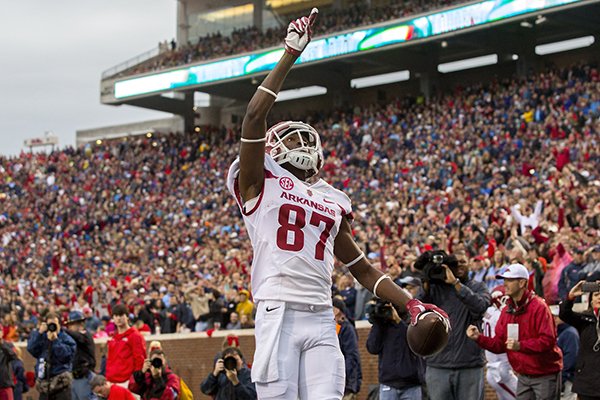 Arkansas wide receiver Dominique Reed celebrates after catching a pass in the end zone on Saturday, Nov. 7, 2015, during the second quarter against Ole Miss at Vaught-Hemingway Stadium in Oxford, Miss.