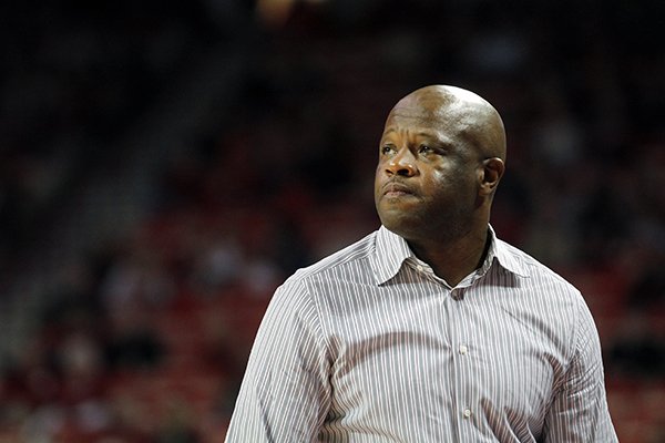 Arkansas' Mike Anderson watches the action from the bench during the second half of an NCAA college basketball game against Southern University, Friday, Nov. 13, 2015, in Fayetteville, Ark. Arkansas beat Southern University, 86-68. (AP Photo/Samantha Baker)