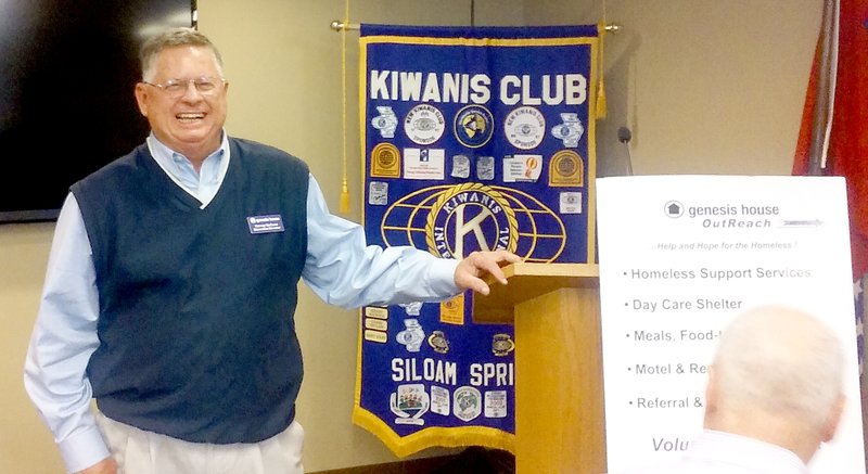 Photo submitted Harvey McCone, Executive Director of the Genesis House, was the guest speaker at the Kiwanis Club meeting last Wednesday. McCone talked about how the Genesis House is helping the homeless in the Siloam Springs community. The Kiwanis Club meets at noon every Wednesday at the Dye Conference Room on the campus of John Brown University.