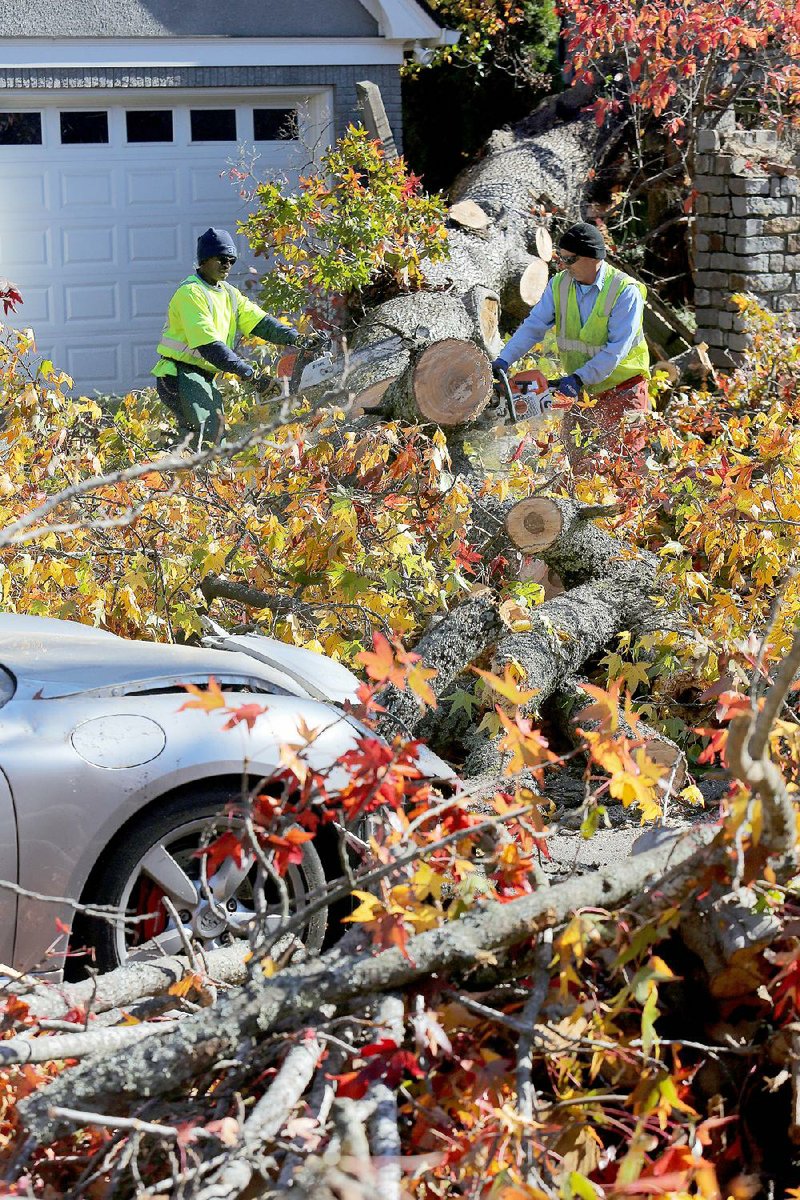 Little Rock Public Works Department workers Essie Bender (left) and Billy Ring remove a tree Wednesday afternoon that fell across North Van Buren Street near Stonewall Road in Little Rock during Tuesday’s storms.