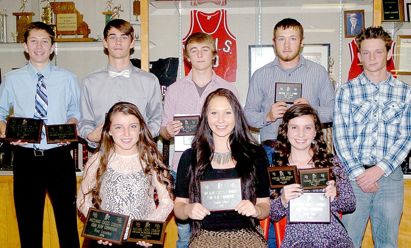 McDonald County High School honored several members of its softball team at an awards banquet held Nov. 10. Shown on the front row are, from left: Kylie Littlefield, MCXC Excellence in Leadership Award and Four-Year Commitment; Dakota Bunch, Four-Year Commitment; and Emily High, Low Point, Most Improved and Four-Year Commitment. Shown on the back row are, from left: Cole Cooper, MCXC Excellence in Leadership Award and Four-Year Commitment; Caleb Curtis, Outstanding Newcomer; Colton Tweedy, Most Improved; Wes Bethel, Low Point; and Zeke Bates, Four-Year Commitment.