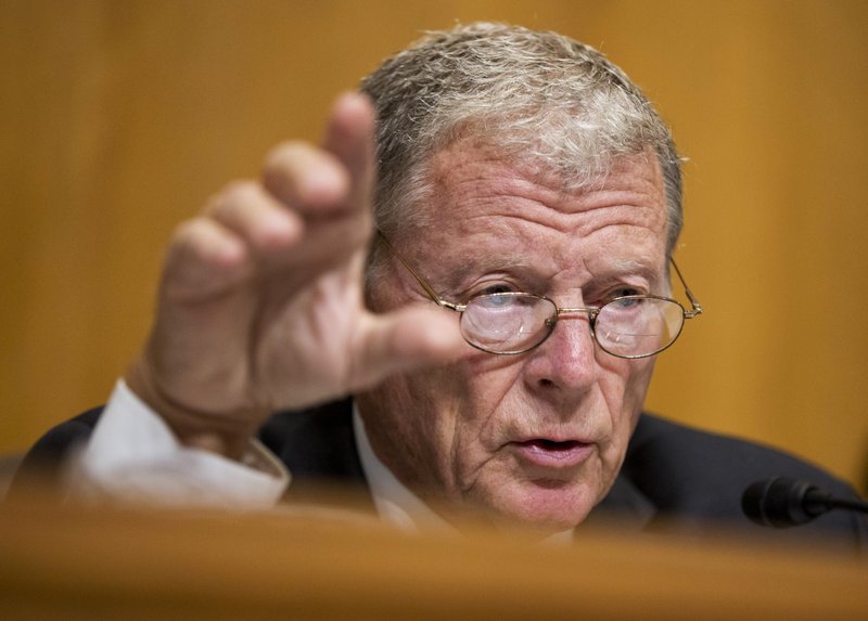 In this Sept. 29, 2015, file photo, Sen. James Inhofe, R-Okla., questions a witness during a hearing on Capitol Hill in Washington.