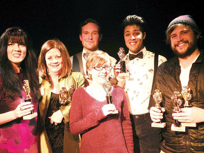 Receiving People’s Choice Awards at the 2016 Lantern Launch Party are, front row, Sarah Rawlinson, Best Actor in a Featured Role as an ensemble member in The Rocky Horror Show, and back row, from left, Pammi Fabert, Best Costume Design for Dog Sees God; Wendy Shirar, Best Actress for her role in Sordid Lives and Best Supporting Actress for her role in The Rocky Horror Show; Johnny Passmore, Best Supporting Actor for his role in The Rocky Horror Show; Brian Earles, Best Actor for his role in The Rocky Horror Show; and Justin Pike, Best Director, Best Scenic Design and Best Lighting Design for The Rocky Horror Show, which was also named Best Production for 2015.