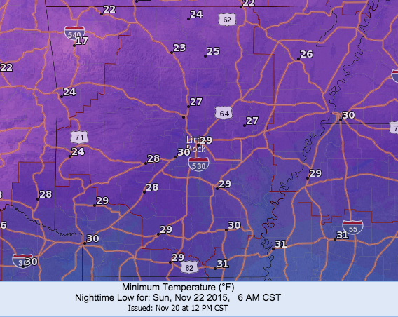 This National Weather Service graphic shows nighttime low temperatures expected Saturday night into Sunday morning.