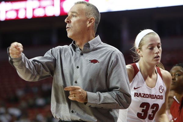 Arkansas head coach Jimmy Dykes signals to his team Friday, Nov. 13, 2015, at Bud Walton Arena during action between the Arkansas Razorbacks and the Southeastern Louisiana Lions. Students from Northwest Arkansas elementary schools attended the annual Elementary School Day basketball game on the campus. The Razorbacks won 97-53.