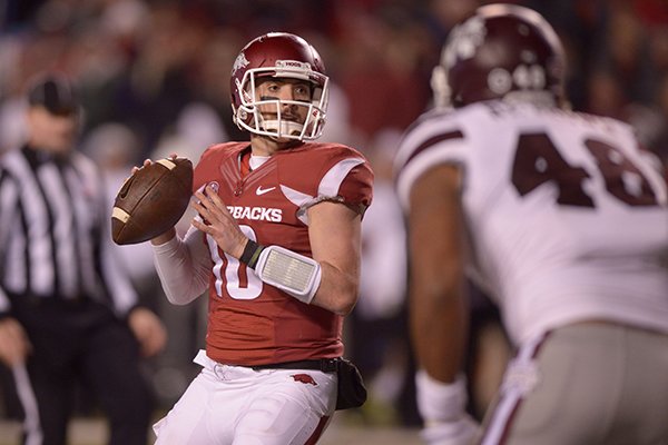 Arkansas quarterback Brandon Allen throws a pass during a game against Mississippi State on Saturday, Nov. 21, 2015, at Razorback Stadium in Fayetteville. 