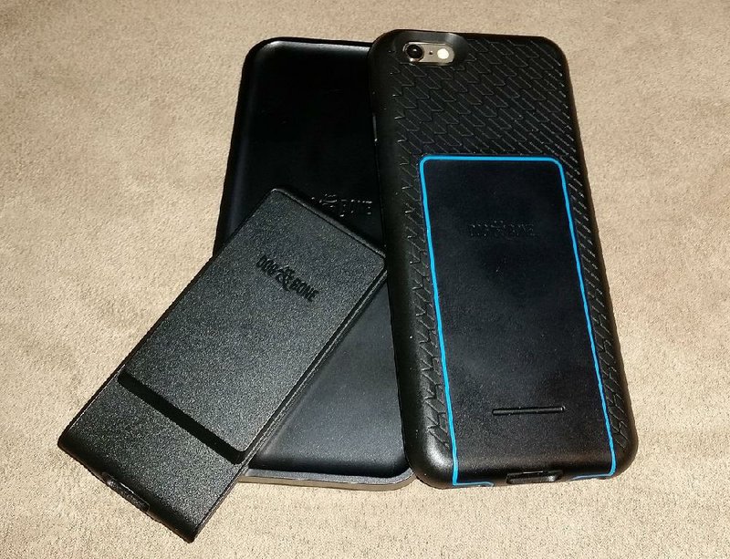 The Backbone Wireless Charging Case and Pad (right and center) allow the iPhone to charge wirelessly. When not near the pad, the wireless panel in the phone case can be replaced with the Backbone battery (left).