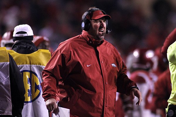 Arkansas' Bret Bielema yells on the sideline during the second half of an NCAA college football game against Mississippi State, Saturday, Nov. 21, 2015 in Fayetteville, Ark. Mississippi State beat Arkansas, 51-50. (AP Photo/Samantha Baker)