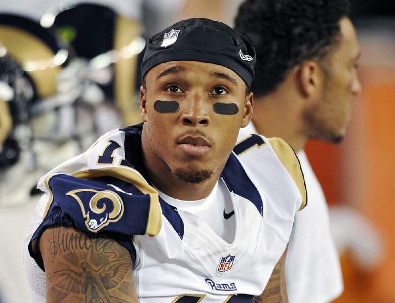 This Aug. 8, 2013, file photo shows St. Louis Rams wide receiver Stedman Bailey watching from the bench in the fourth quarter of a preseason NFL football game against the Cleveland Browns, in Cleveland. 