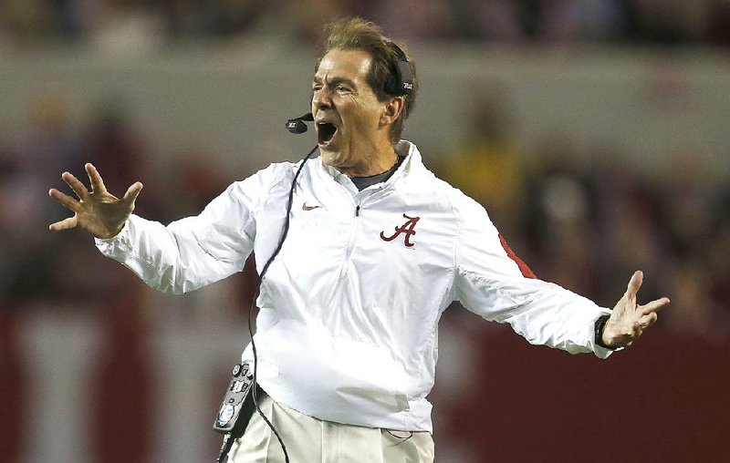 Alabama head coach Nick Saban reacts to a play during the second half of an NCAA football game against Charleston Southern, Saturday, Nov. 21, 2015, in Tuscaloosa, Ala. Alabama won 56-6. (AP Photo/Butch Dill)