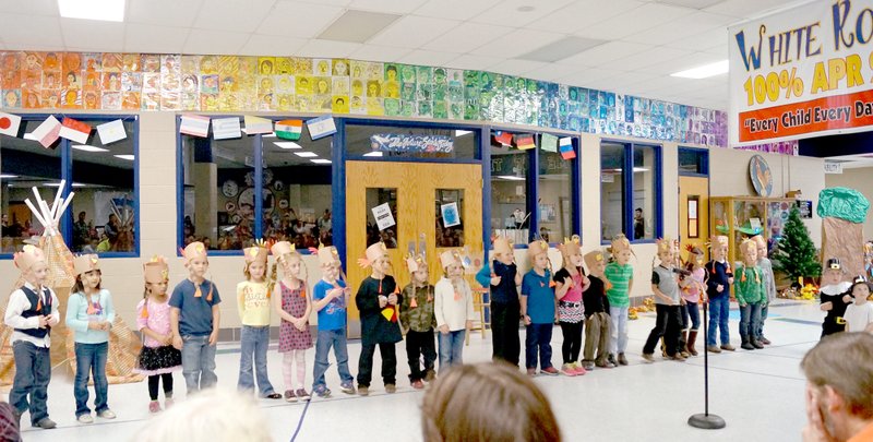 RITA GREENE MCDONALD COUNTY PRESS The kindergarten class at White Rock School put on a lively performance for the Thanksgiving program Nov. 19.