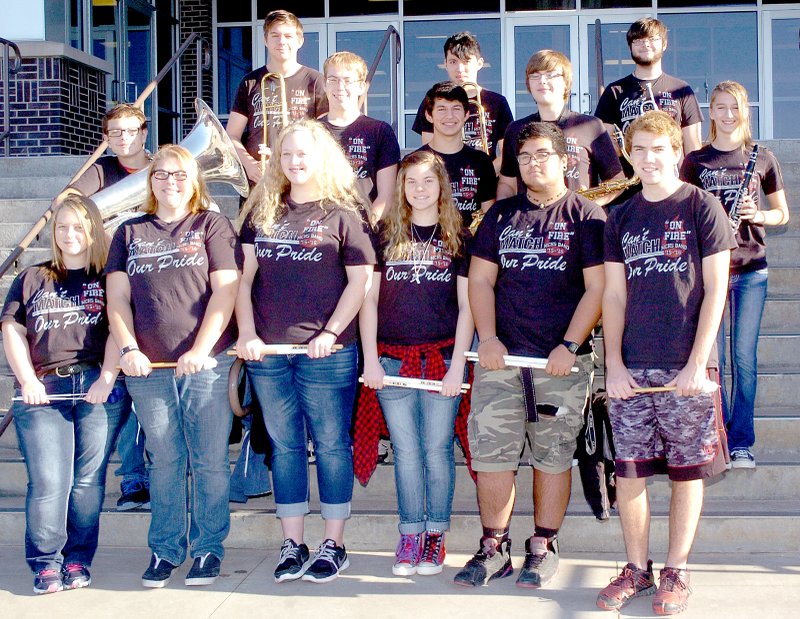 Several members of the McDonald County High School band earned all-district honors at a recent audition that included about 700 students form southwest Missouri. The all district band will perform a concert on Jan. 8-9 at Webb City High School. The all-district members will also travel to Columbia on Dec. 4-5 to audition for all-state. Shown are: front row from left, Mary Smith, percussion; Alyra Wolfe, percussion; Abby Sutherland, percussion; Sierra Chappie, percussion; Shane Collins, percussion; and, Brandon Howell, percussion; middle row from left, Elijah Nelson, tuba; Parker Owens, tuba; Isaac Gardner, tuba; Seth Reese, saxophone; and, Cameryn Taylor, clarinet; and, back row from left, Jesse Williams, trombone; Damian Lopez, trombone; and, Kasey Strange, trumpet. Not present: Tristin Cory.