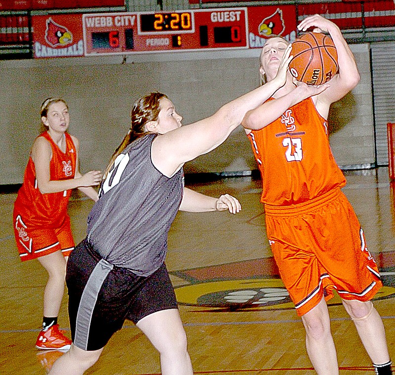 Photo by Rick Peck McDonald County&#x2019;s Tricia Wattman gets fouled while taking a shot against El Eorado Springs in a jamboree held Nov. 20 at Webb City High School.