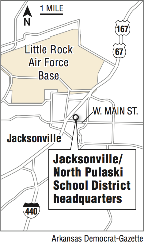 A map showing the location of the Jacksonville/North Pulaski School District headquarters.