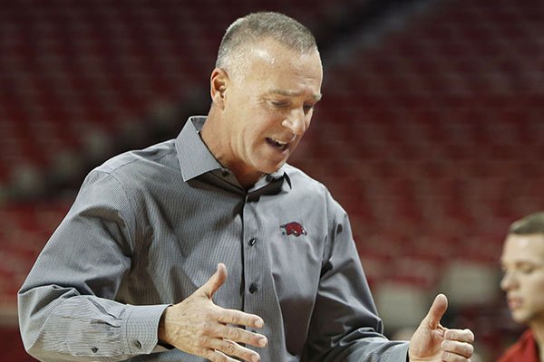 Arkansas coach Jimmy Dykes reacts to a play during a game against Tulsa on Monday, Nov. 23, 2015, at Bud Walton Arena in Fayetteville. 
