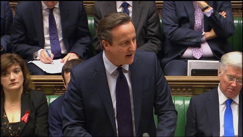 British Prime Minister David Cameron addresses lawmakers Thursday in the House of Commons in London, making his case for airstrikes as part of a “comprehensive overall strategy” to destroy the Islamic State group and end the Syrian war. 