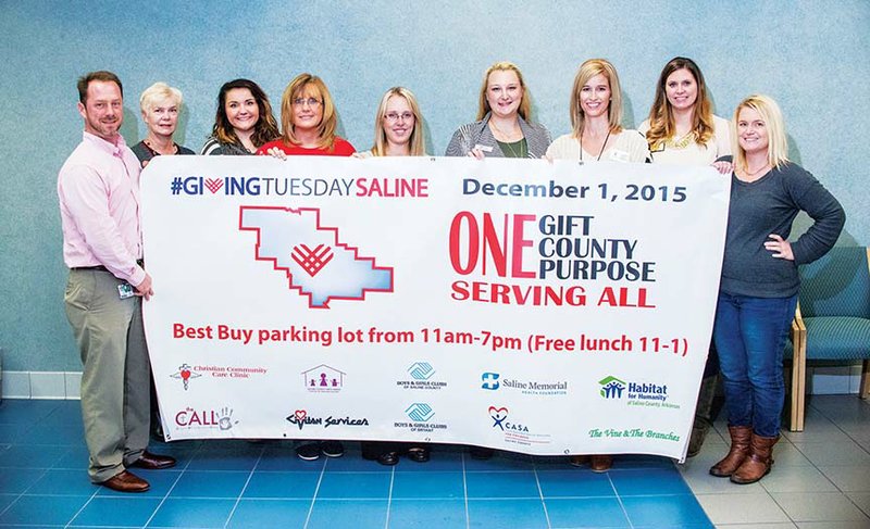 Representing the 10 nonprofit organizations participating in Giving Tuesday Saline are, from left, Matt Brumley of the Saline Memorial Health Foundation; Tamra Gore of The Vine and the Branches; Megan Eoff of Habitat for Humanity of Saline County; Gwen Simpson of the Christian Community Care Clinic; Megan Caldwell of the Saline Memorial Health Foundation; Leigha Jones of Civitan Services; Jennifer Harklau of CASA of Saline County; Krystal Askew of the Boys and Girls Clubs of Saline County; and Lauren Lambert of Saline County Safe Haven Inc. Not shown are Julia DesCarpentrie of The CALL and Karissa Stephens of the Boys and Girls Clubs of Bryant.