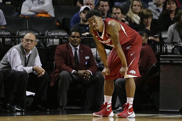 Arkansas's Anthlon Bell (5) reacts after fouling out during the second half of an NCAA college basketball game against Stanford in the consolation round of the NIT Season Tip-Off tournament Friday, Nov. 27, 2015, in New York. Stanford won 69-66. (AP Photo/Frank Franklin II)