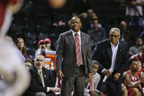 Arkansas head coach Mike Anderson reacts during the first half of an NCAA college basketball game against Stanford in the consolation round of the NIT Season Tip-Off tournament Friday, Nov. 27, 2015, in New York. (AP Photo/Frank Franklin II)