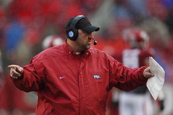 Arkansas coach Bret Bielema watches from the sideline during a game against Missouri on Friday, Nov. 27, 2015, at Razorback Stadium in Fayetteville. 