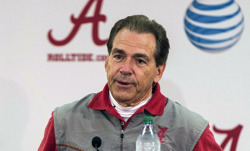 Alabama college football coach Nick Saban talks with members of the media in his wrapup news conference before Saturday's Iron Bowl against Auburn, Wednesday, Nov. 25, 2015, in Tuscaloosa, Ala. 