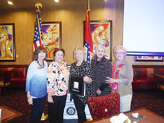 Submitted photo ROTARY PROGRAM: Vapor Valley Questers presented the program at a recent Hot Springs Sunrise Rotary meeting. From left are Mary Ellen Gardner, with VVQ; Dana Lambert, past president, Helen Ball, president-elect, and Marrilee Moreland Messersmith, vice president-elect, all of Sunrise Rotary; and Beth Goeden, VVQ.