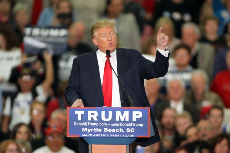  In this file photo taken on Nov. 24, 2015, Republican presidential candidate Donald Trump speaks during a campaign event at the Myrtle Beach Convention Center in Myrtle Beach, S.C. Some leading Republican presidential candidates seem to view Muslims as fair game for increasingly harsh words they might not dare use against any other group for fear of the political cost.