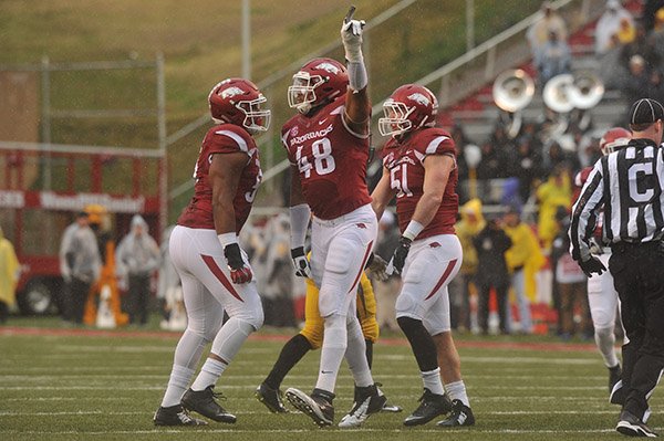 Arkansas defensive end Deatrich Wise Jr. celebrates a sack during a game against Missouri on Friday, Nov. 27, 2015, at Razorback Stadium in Fayetteville. 