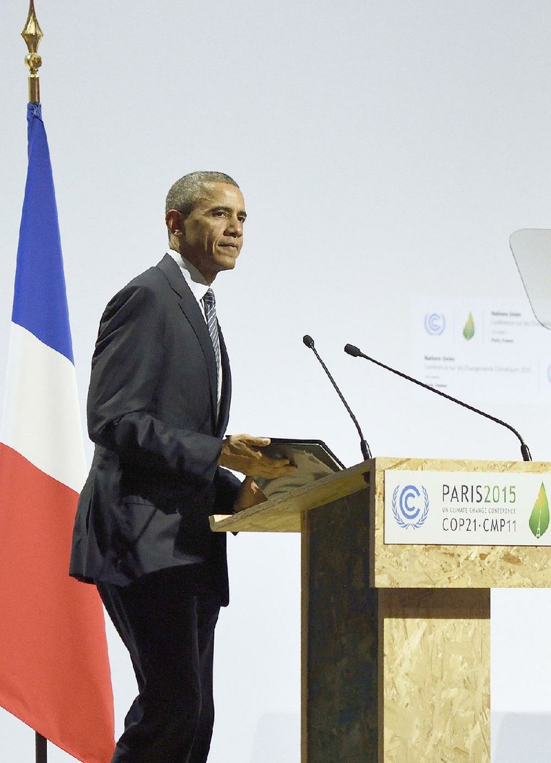 President Barack Obama speaks Monday at the United Nations Climate Change Conference in Le Bourget, France, outside Paris.