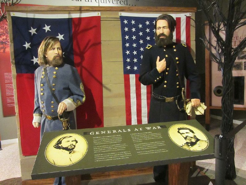 Mannequins of Confederate Maj. Gen. Thomas C. Hindman and Union Brig. Gen. James G. Blunt are displayed in Hindman Hall Museum, the visitor center at Prairie Grove Battlefield State Park. 
