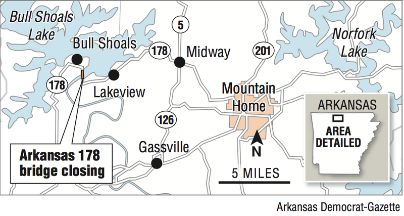A map showing the location of the Arkansas 178 bridge which will be closed periodically due to work on the Bull Shoals Dam.